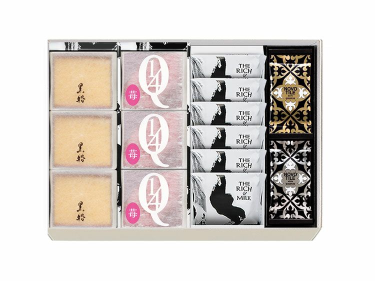 黒船カステラbebe(3個)・クアルトバウム 苺(3個)・ザ リッチ アンド ミルク(6枚)・ノボタイル(12枚)の詰め合わせ